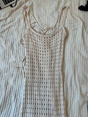 Beige Crochet Knit Strappy Dress
